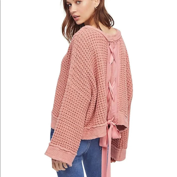 Free People Sweaters - Free People Chunky Waffle Knit Sweater Lace Up Back Cropped Oversized Pink XS
